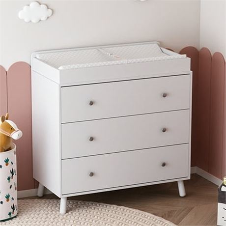 3 Drawer Changing Table and Storage Dresser with Open Storage Compartment and R