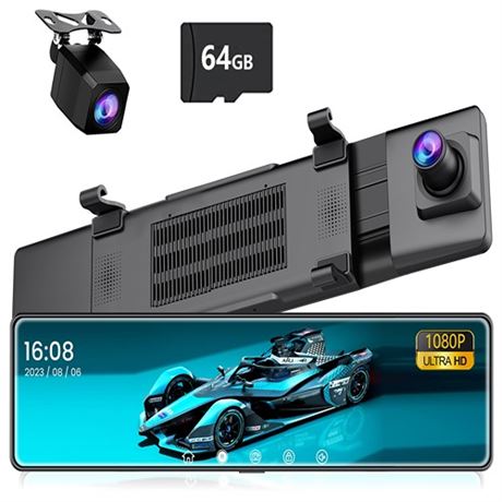 Udatuhao 12 Mirror Dash Cam Front and Rear64G Sd Card1080P FHD Rear View Mirr