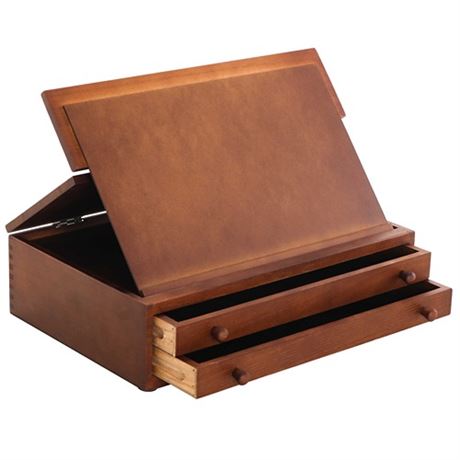 US Art Supply Walnut 2-Drawer Adjustable Wooden Storage Box with Fold up Solid