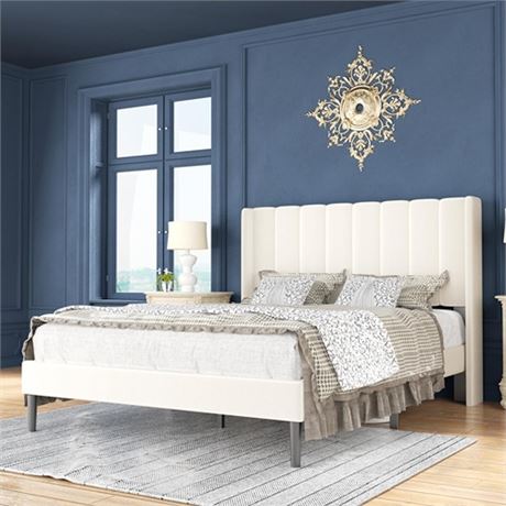 Queen Size Platform Bed Frame with Velvet Upholstered Headboard and Deluxe Wing