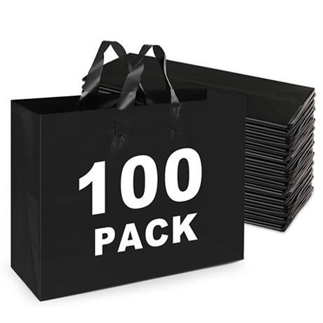 XPCARE 100Pack Frosted Plastic Gift Bags 16x6x12 Black Plastic Shopping Bags wi