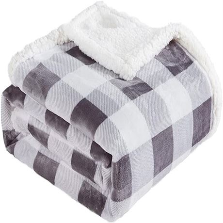 Touchat Sherpa Grey  and White Buffalo Plaid Christmas Twin Blanket 60x70