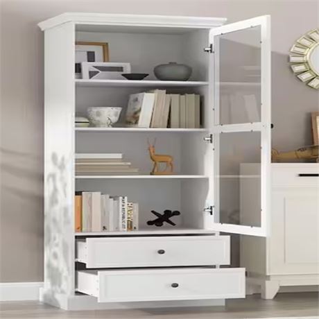 68.9 in. H White Wood Doors Accent Cabinet with 4-Tier Shelves and 2-Drawers Sto