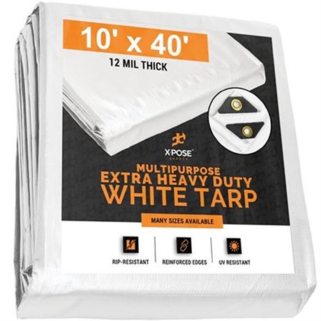 Heavy Duty White Poly Tarp 10  X 40  Multipurpose Protective Cover - Durable  W