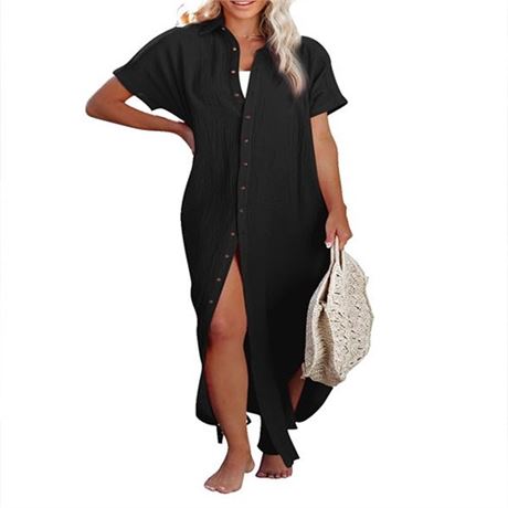 Dokotoo Swimsuit Coverups Summer Dresses for Women 2024 Vacation Button Down L