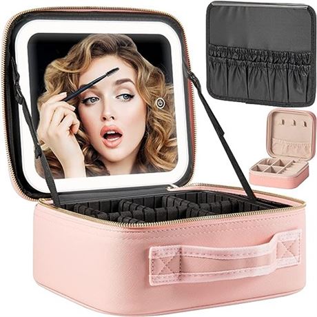Makeup Travel Train Case with Mirror LED Light 3 Adjustable Brightness Cosmetic