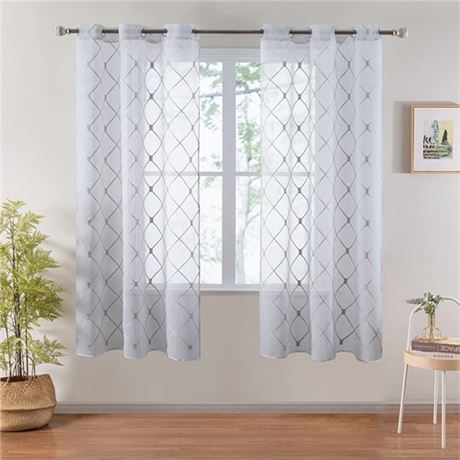 5pk Top Finel Grey Short Sheer Curtains 63 Inch Length Embroidered Diamond