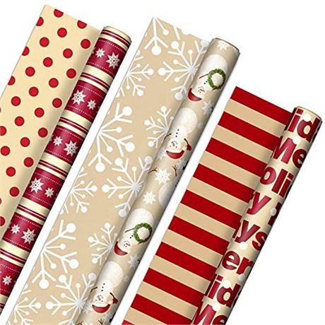 Hallmark Reversible Christmas Wrapping Paper (3 Rolls 120 Sq. Ft. Ttl) Merry
