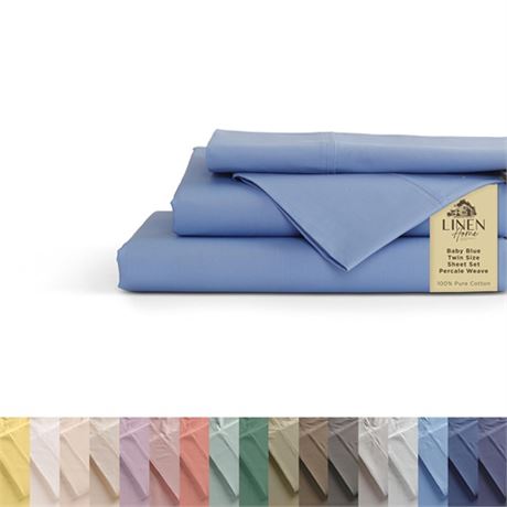 100 Cotton Percale Sheets Twin Size Baby Blue Deep Pocket 3 Pieces Sheet Se