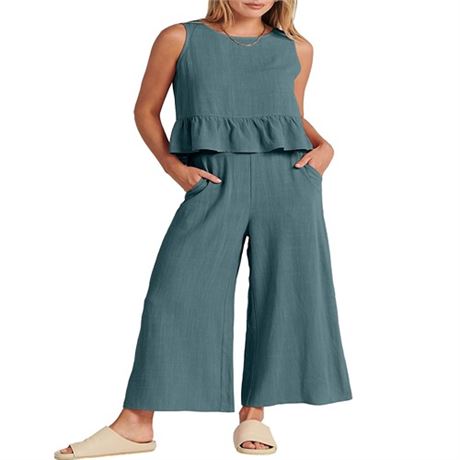 ANRABESS Women Summer 2 Piece Outfits Sleeveless Tank Crop Top Wide Leg Pants L