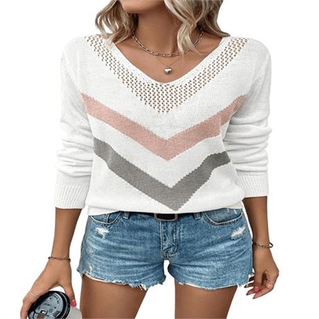 SOLY HUX Womens V Neck Sweater Long Sleeve Chevron Pattern Pointelle Knit Pull