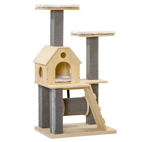 PawHut Cozy-House Cat Tree for Indoor Cats with Pillow-Covered Perches