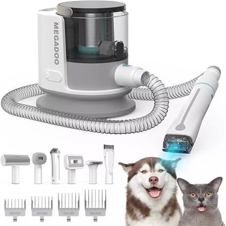 Pet Dog Grooming Kit & Vacuum Suction 99 Pet Hair MEGADOO Dog Grooming Clipper
