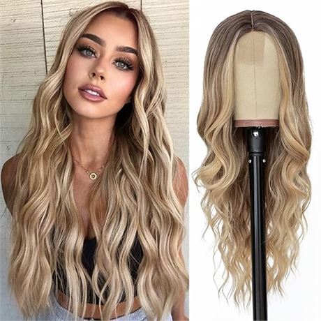 NAYOO Long wavy Wigs for Women Middle Part Wavy Curly Wig with Dark Roots Synth