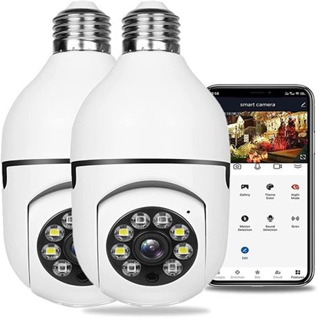 2PCS WiFi Light Bulb Security Camera Wireless Outdoor 1080P Indoor 360 Degree S