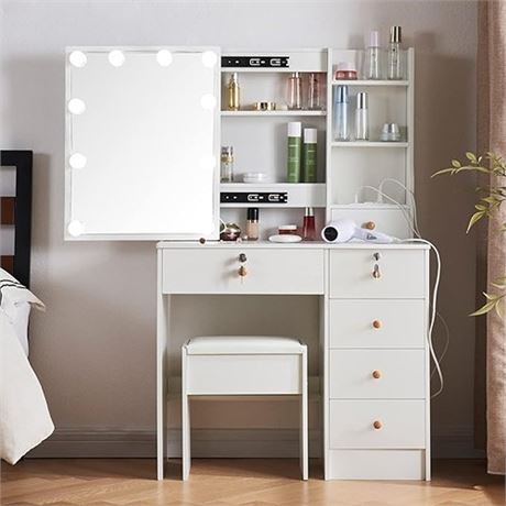 TOJUMP Vanity Table with Mirror and Lights Makeup Vanity Set with 5 Drawers Be