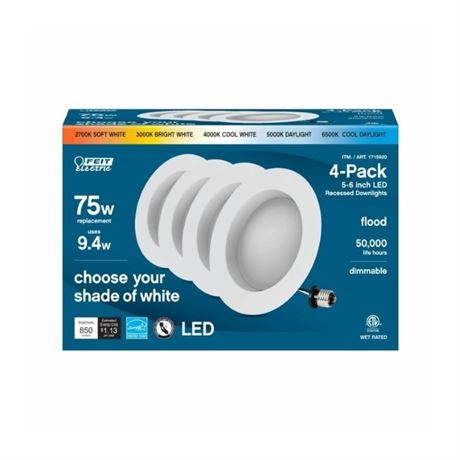 5-6in LED Recessed Downlights - Flood, 50000 Life Hours, Dimmable - 4 Pack