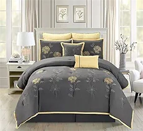 Grand Linen 7 Piece Modern Oversize GreyYellow Sunflower Embroidered Comforter