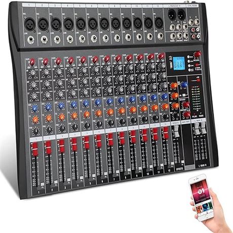 12-Channel Wireless Audio MixerProfessional DJ Equipment Console with Bluetoo