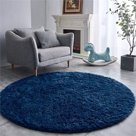 FJZFING Navy Blue Round Rug Ultra-Soft Plush Modern 4x4 Circle Area Rug for Kid