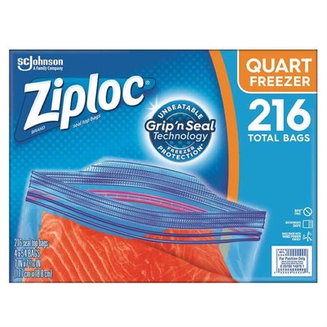 Ziploc Double Zipper Freezer Bag, Quart, 54 Count - 4 Pack, 216 Total