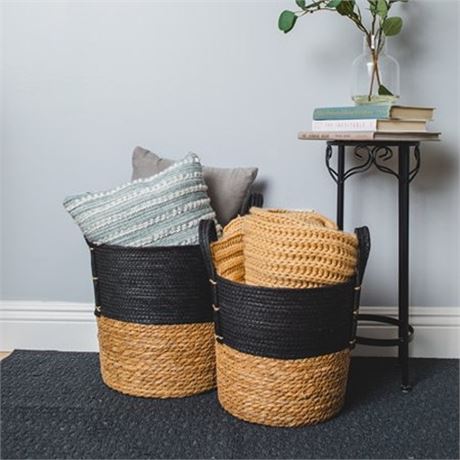 Set of 2 Natural Round Storage Basket  Braided Seagrass & Paper Rope (LGMD)  N