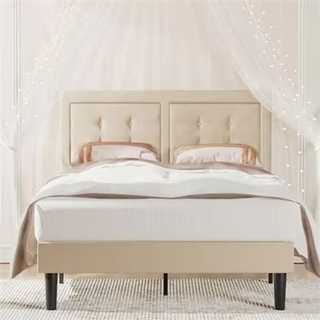 Upholstered Premium Platform Bed Frame 54.3 in.WBeige Full Metal  Wooden Fram
