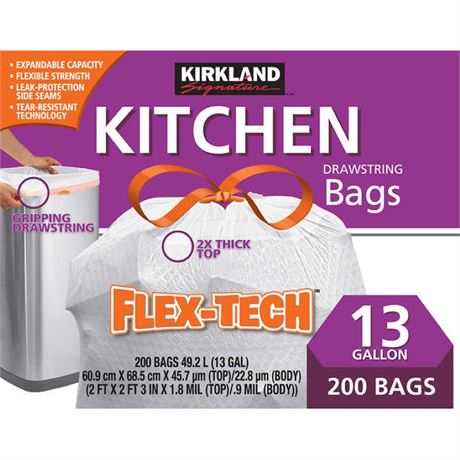 Kirkland Signature Flex-Tech 13-Gallon Kitchen Trash Bag - 200 Count