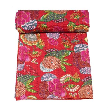 Marubhumi Indian Handmade Stitched Pure Cotton Fruit Print Kantha Quilt Revers