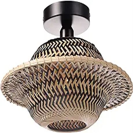 Arturesthome Black Bamboo Flush Mount Light Fixture Boho Semi Ceiling Lamp Wic
