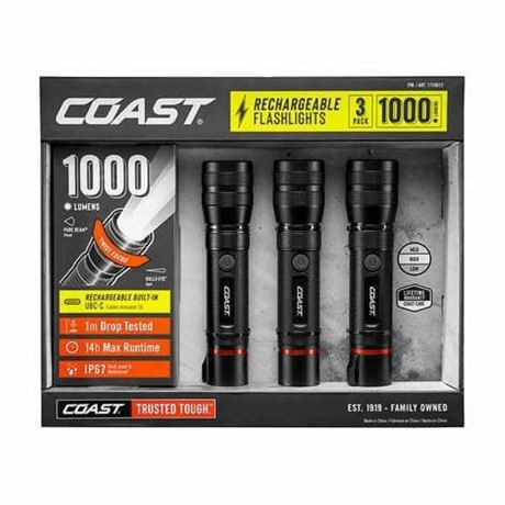 Coast CF1000R 1000L LED Rechargeable Flashlight - 3 Pack