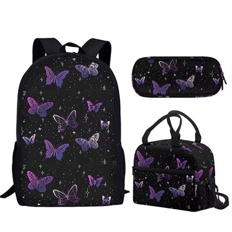Kids Backpack Set Butterfly Bookbag Carrying with Insulated Lunch Bag and Porta