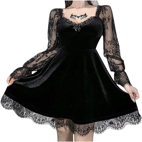 Dark Women Gothic Dresses Long Sleeve Steampunk Hollow Size L