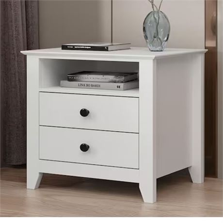 White Wooden Standard Nightstand End Table with 2 Drawers and Open Shelf 19.7
