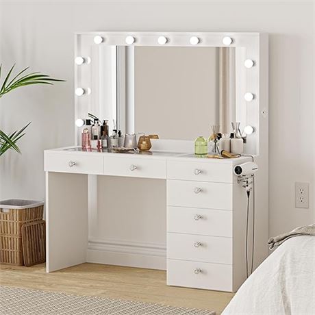 Boahaus Serena Large Makeup Vanity with Hollywood Lights Built-in 7 Drawers