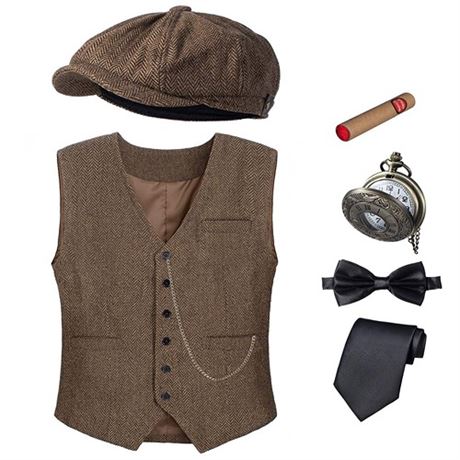 TOGROP 1920s Mens Costume Vest Hat Pocket Watch Accessories Set Adult Party L
