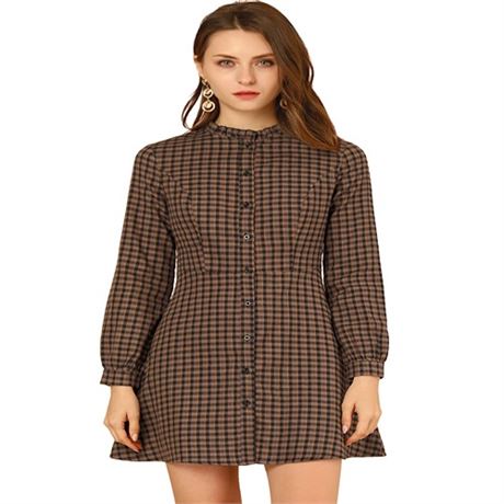 Allegra K Womens Vintage Check Ruffle Neck Button