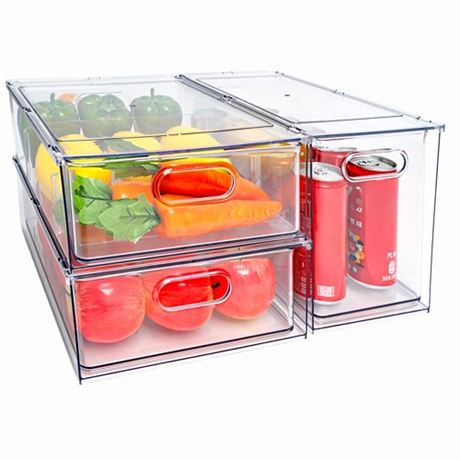 MineSign Stackable Fridge Drawer Pull-Out Bins with Handles 3 Pack Large Clear