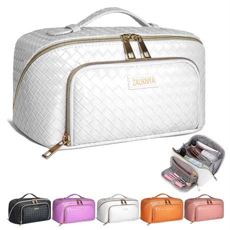 ZAUKNYA Large Capacity Travel Cosmetic BagMakeup Bag for Women Leather Waterpro