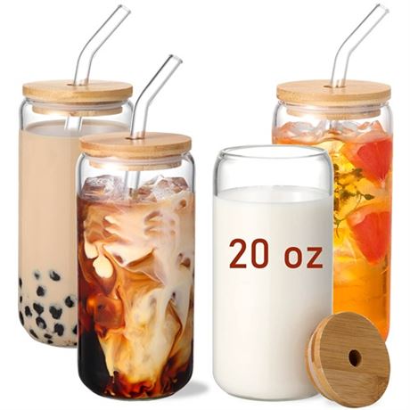 VITEVER 20 OZ Glass Cups with Bamboo Lids and Glass Straw - 4pcs Set Beer Can S