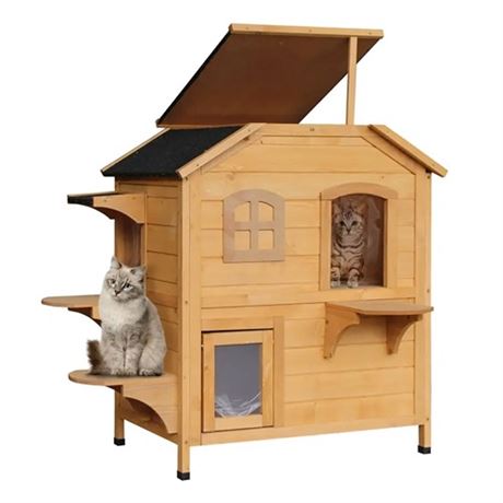 PawHut 2-story Cat House Outdoor Weatherproof Wooden Cat