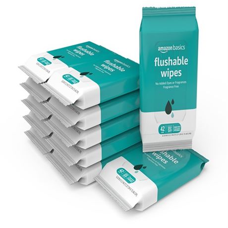 Amazon Basics Flushable Adult Toilet Wipes Fragrance Free 504 Count (12 Packs o