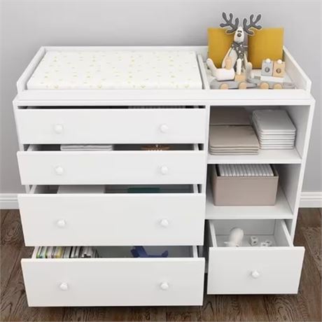 5-Drawers White Wood Dresser Vanity Table Chest of Drawers Storage