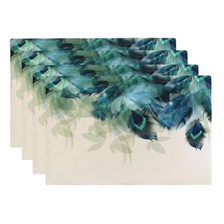 Teal Blue Turquoise Floral Placemats Set of 4 Beautiful Peacock Feathers Linen