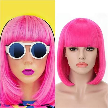 Rosa Star Short Bob Hot Pink Wig with Bangs Womens Straight Synthetic Hair Wig