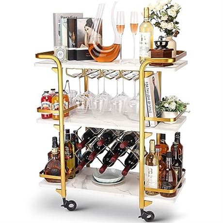 Jubao Gold Bar Cart with 3 Tiers for Stylish Storage Home Bar Serving Cart wit