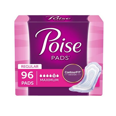 Poise Incontinence Pads for Women  5 Drop  Maximum Absorbency  Regular  96Ct