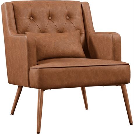 Yaheetech Button-Tufted PU Leather Accent Chair with Lumbar PillowRetro Brown