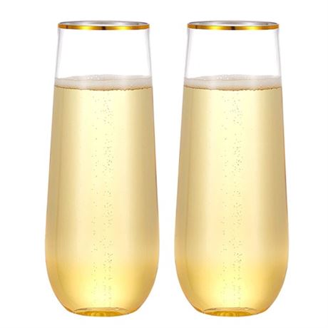 N9R 24 Pack Plastic Champagne Flutes 9 Oz Stemless Disposable Gold Rim Toastin