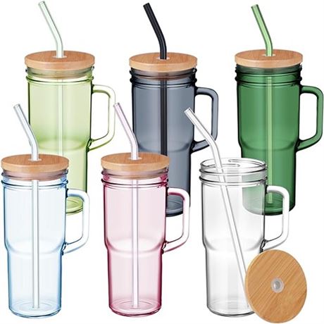 Hushee 6 Pcs 24 oz Glass Cups with Lids and Straws